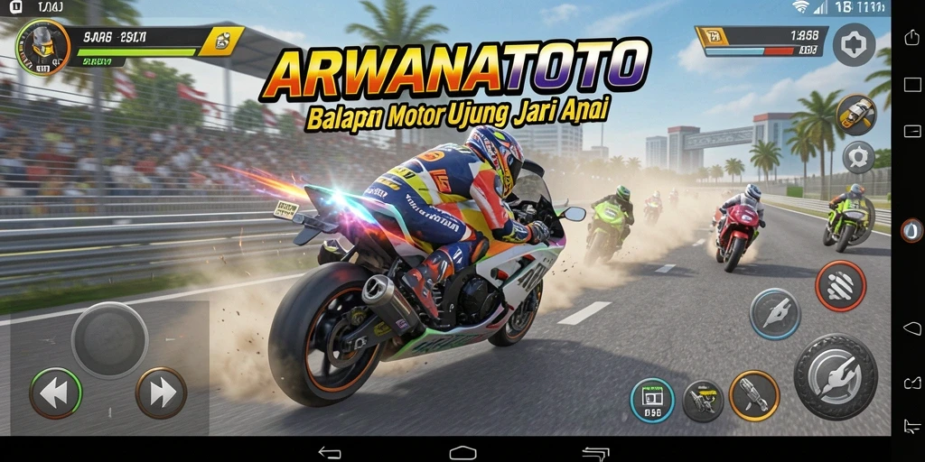 Gameplay seru ARWANATOTO dalam balapan motor di lintasan yang menantang.