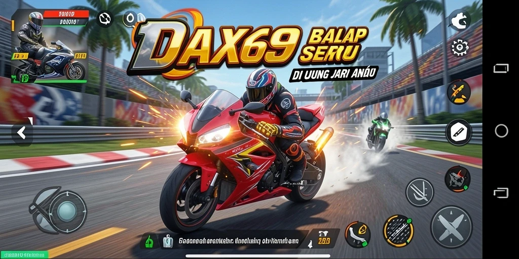 Screenshot DAX69 menampilkan action balap motor yang mendebarkan.