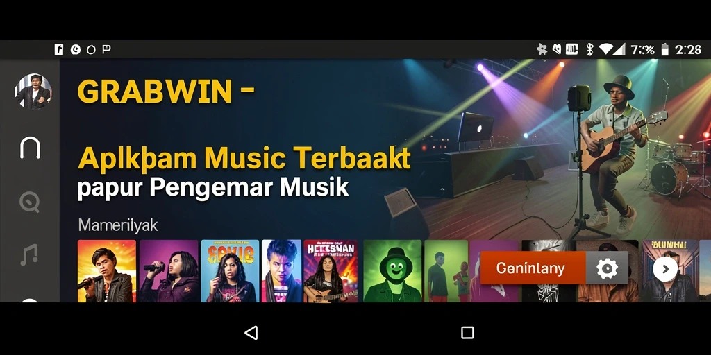 Tangkapan layar gameplay menunjukkan antarmuka <strong>GRABWIN</strong> dengan lagu-lagu yang sedang diputar.