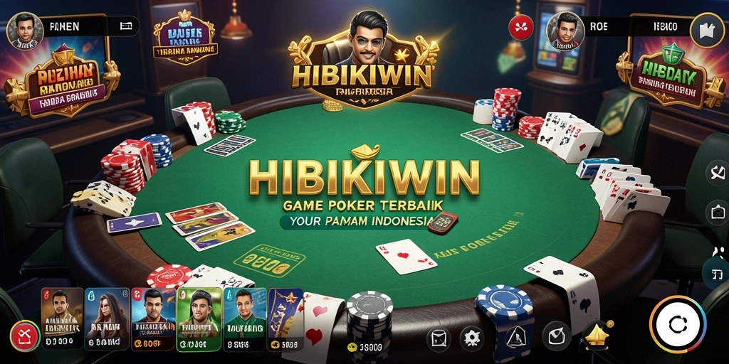 Gameplay seru HIBIKIWIN dengan grafik menarik dan meja poker aktif.