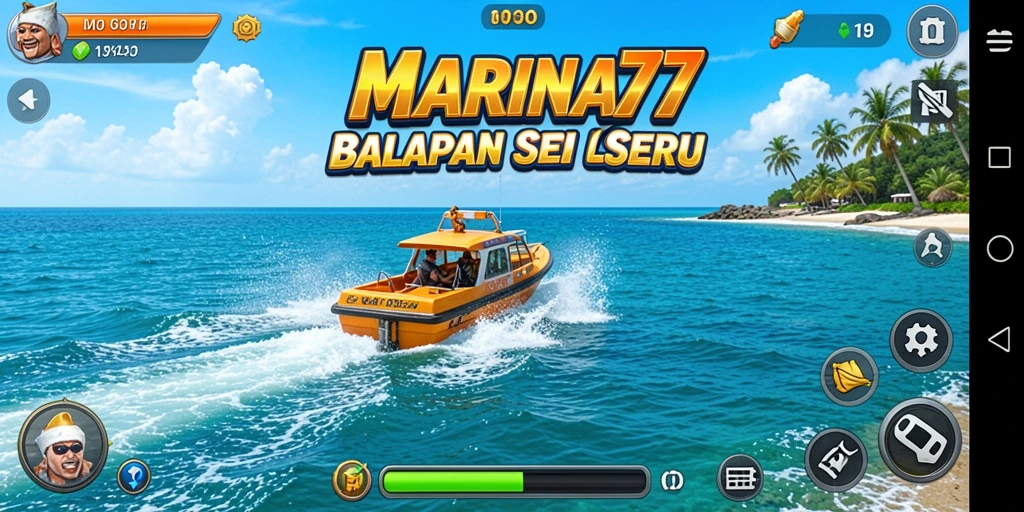 Screenshot gameplay MARINA77 menunjukkan aksi balapan kapal yang mendebarkan.
