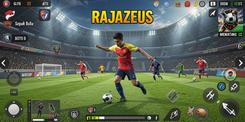Tampilan gameplay seru dari RAJAZEUS yang menampilkan aksi sepak bola.