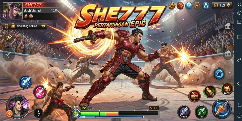 Tampilan gameplay Action yang mendebarkan dan penuh tantangan di SHE777.